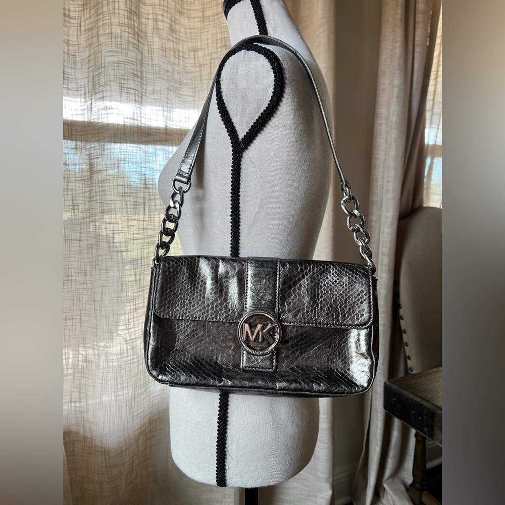 Michael Kors Fulton Gunmetal Python Leather Gunmetal Gray Metallic Shoulder Bag